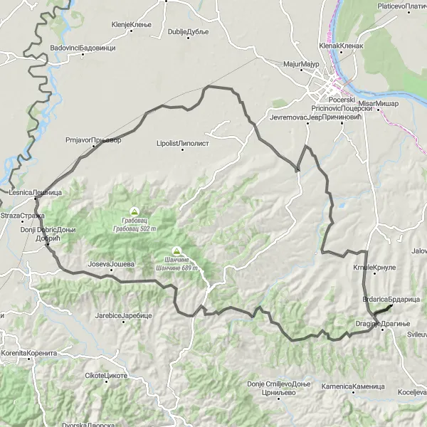 Map miniature of "The Draginje Loop" cycling inspiration in Region Šumadije i Zapadne Srbije, Serbia. Generated by Tarmacs.app cycling route planner
