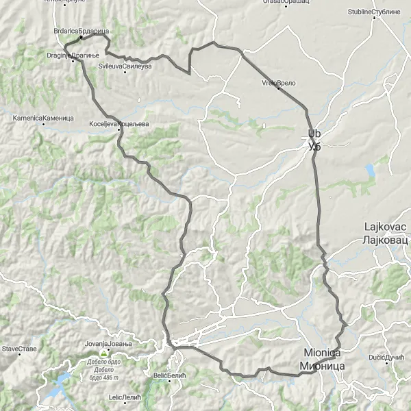 Map miniature of "The Valjevo Challenge" cycling inspiration in Region Šumadije i Zapadne Srbije, Serbia. Generated by Tarmacs.app cycling route planner