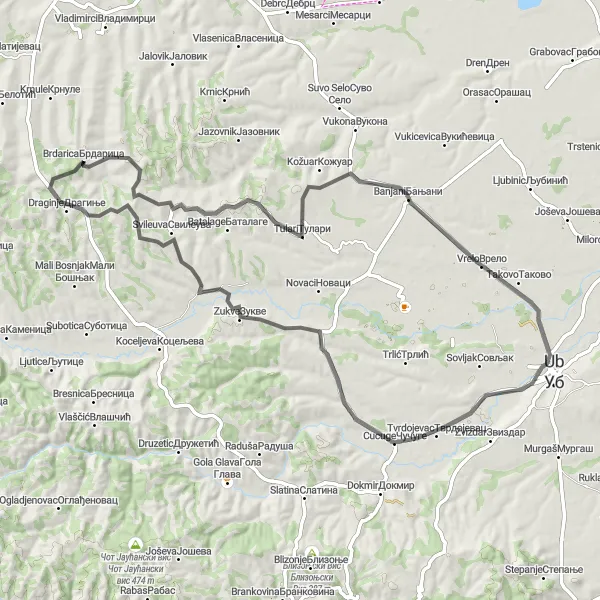 Map miniature of "Exploring the Beauty of Brdarica" cycling inspiration in Region Šumadije i Zapadne Srbije, Serbia. Generated by Tarmacs.app cycling route planner