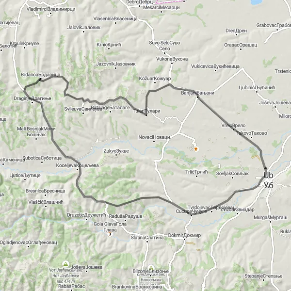 Map miniature of "Brdarica - Loop through Western Serbia" cycling inspiration in Region Šumadije i Zapadne Srbije, Serbia. Generated by Tarmacs.app cycling route planner