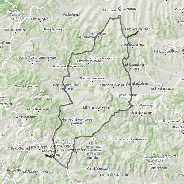 Map miniature of "Adventure Through Ljutice" cycling inspiration in Region Šumadije i Zapadne Srbije, Serbia. Generated by Tarmacs.app cycling route planner