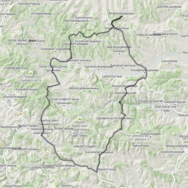 Map miniature of "The Osečina Odyssey" cycling inspiration in Region Šumadije i Zapadne Srbije, Serbia. Generated by Tarmacs.app cycling route planner