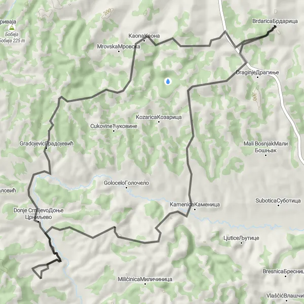 Map miniature of "The Kamenica Adventure" cycling inspiration in Region Šumadije i Zapadne Srbije, Serbia. Generated by Tarmacs.app cycling route planner
