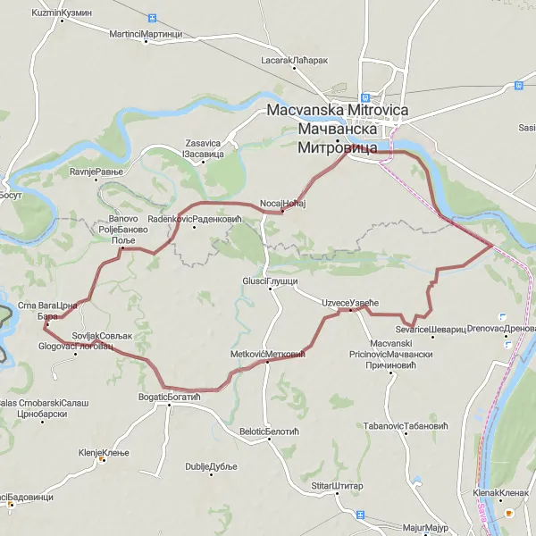 Map miniature of "Crna Bara Gravel Route" cycling inspiration in Region Šumadije i Zapadne Srbije, Serbia. Generated by Tarmacs.app cycling route planner