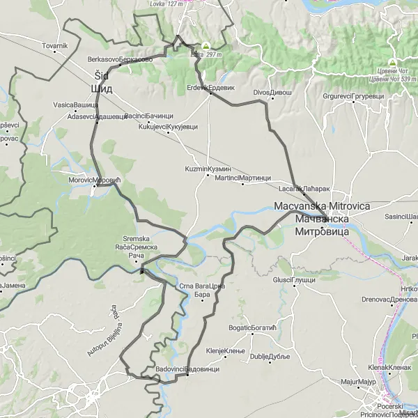 Map miniature of "Exploring the Valleys" cycling inspiration in Region Šumadije i Zapadne Srbije, Serbia. Generated by Tarmacs.app cycling route planner