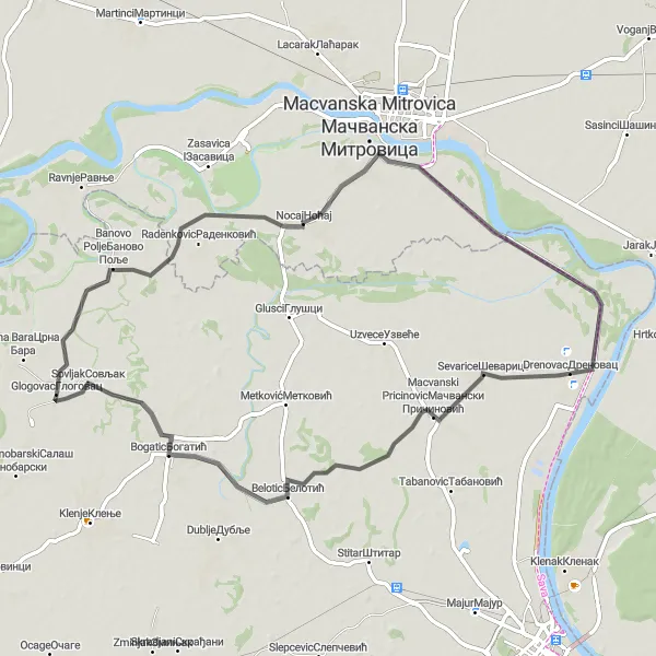 Map miniature of "Šumadija Countryside and Macva Region Road" cycling inspiration in Region Šumadije i Zapadne Srbije, Serbia. Generated by Tarmacs.app cycling route planner