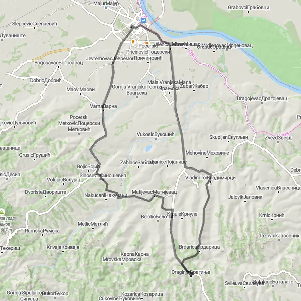 Map miniature of "Draginje - Vladimirci Loop" cycling inspiration in Region Šumadije i Zapadne Srbije, Serbia. Generated by Tarmacs.app cycling route planner