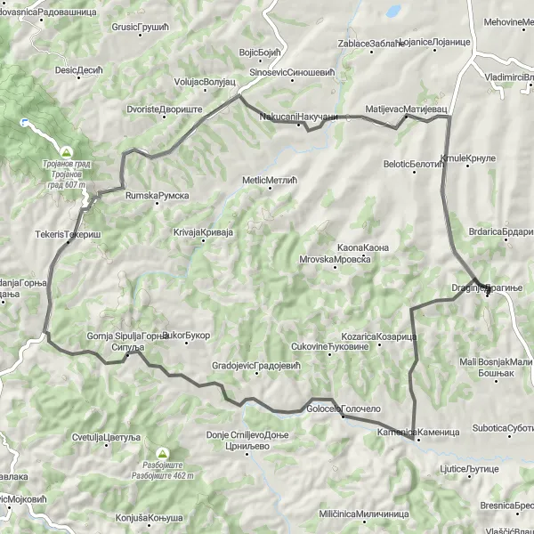 Map miniature of "Golocelo Loop" cycling inspiration in Region Šumadije i Zapadne Srbije, Serbia. Generated by Tarmacs.app cycling route planner