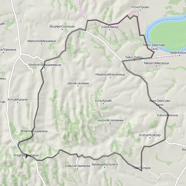 Map miniature of "Draginje - Debrc Loop" cycling inspiration in Region Šumadije i Zapadne Srbije, Serbia. Generated by Tarmacs.app cycling route planner