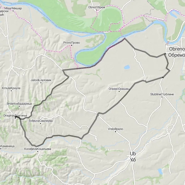 Map miniature of "Krnic Exploration" cycling inspiration in Region Šumadije i Zapadne Srbije, Serbia. Generated by Tarmacs.app cycling route planner