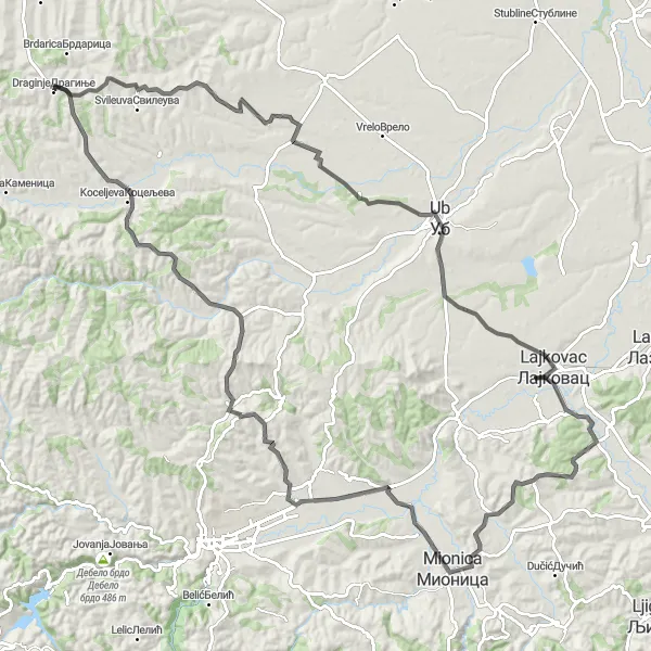 Map miniature of "Tulari Challenge" cycling inspiration in Region Šumadije i Zapadne Srbije, Serbia. Generated by Tarmacs.app cycling route planner