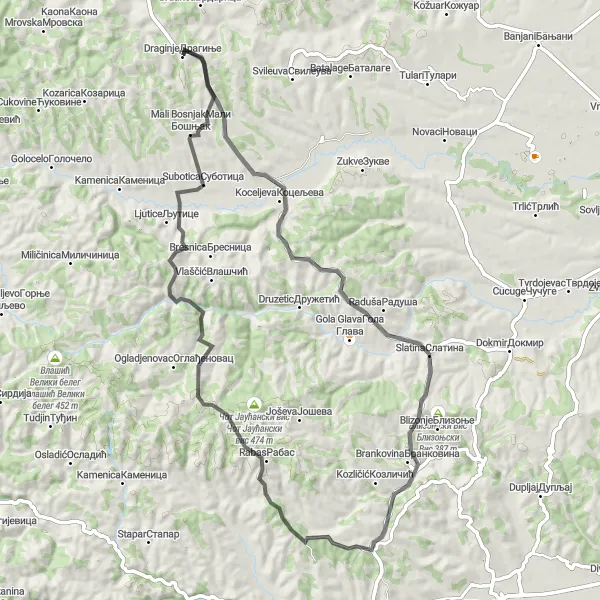Map miniature of "Draginje - Subotica Loop" cycling inspiration in Region Šumadije i Zapadne Srbije, Serbia. Generated by Tarmacs.app cycling route planner