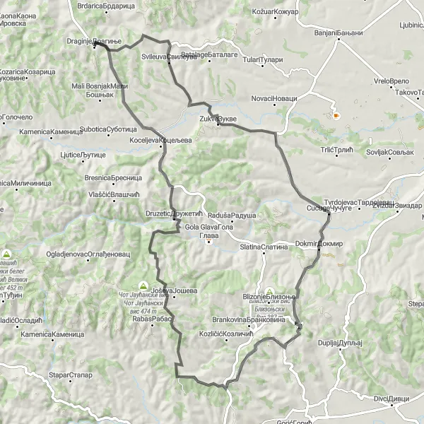 Map miniature of "Svileuva Circuit" cycling inspiration in Region Šumadije i Zapadne Srbije, Serbia. Generated by Tarmacs.app cycling route planner