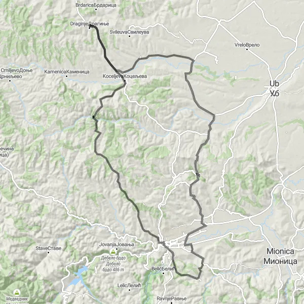 Map miniature of "Draginje - Valjevo Loop" cycling inspiration in Region Šumadije i Zapadne Srbije, Serbia. Generated by Tarmacs.app cycling route planner