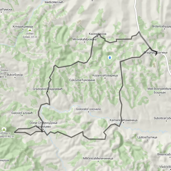 Map miniature of "Kamenica Ride" cycling inspiration in Region Šumadije i Zapadne Srbije, Serbia. Generated by Tarmacs.app cycling route planner