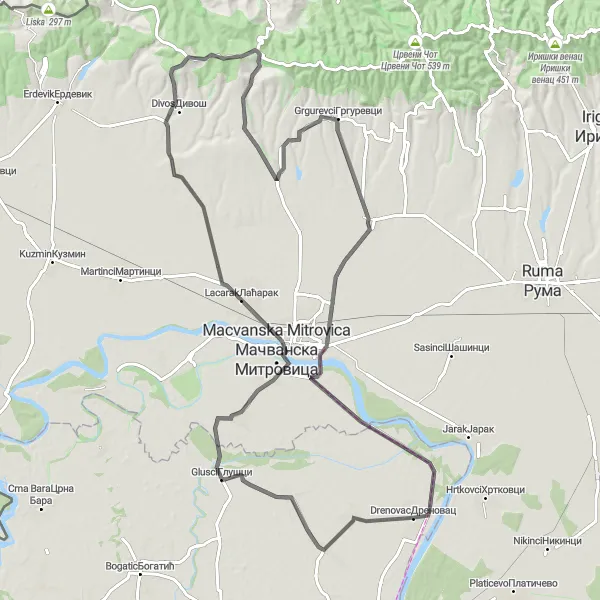 Map miniature of "Exploring the Heartland" cycling inspiration in Region Šumadije i Zapadne Srbije, Serbia. Generated by Tarmacs.app cycling route planner