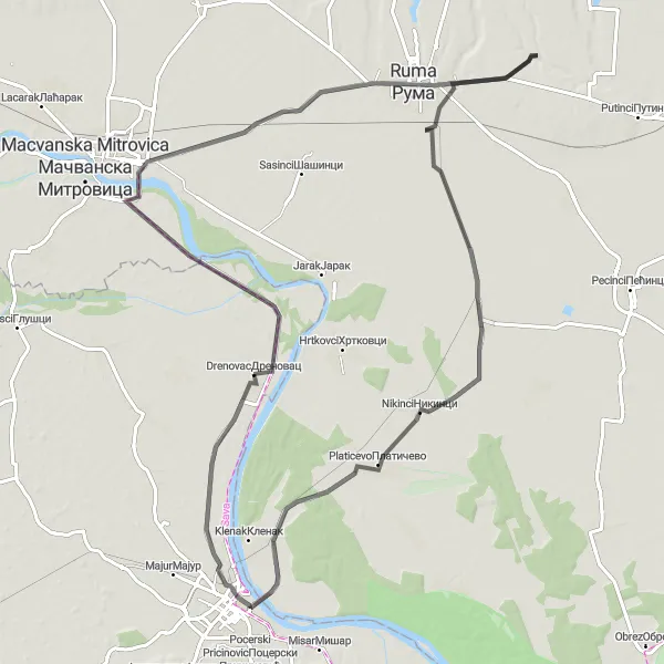 Map miniature of "The Valjevska Route" cycling inspiration in Region Šumadije i Zapadne Srbije, Serbia. Generated by Tarmacs.app cycling route planner