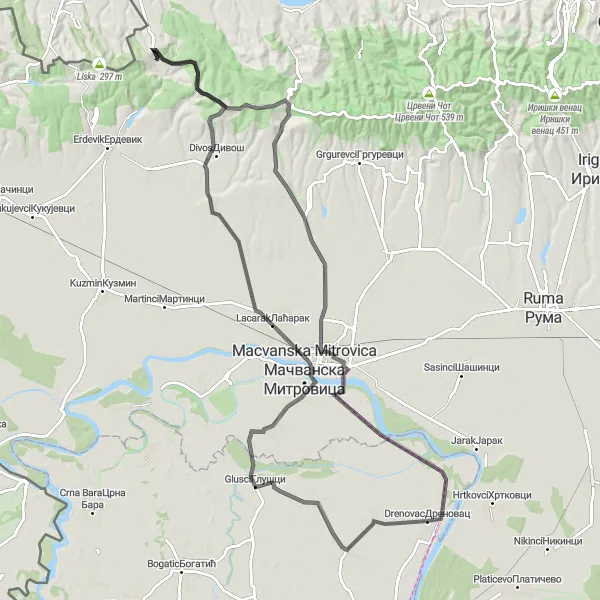 Map miniature of "Scenic Panorama" cycling inspiration in Region Šumadije i Zapadne Srbije, Serbia. Generated by Tarmacs.app cycling route planner