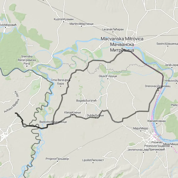Map miniature of "The Stitar Circuit" cycling inspiration in Region Šumadije i Zapadne Srbije, Serbia. Generated by Tarmacs.app cycling route planner