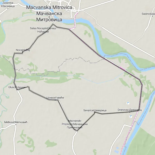 Map miniature of "The Macvanski Pricinovic Trail" cycling inspiration in Region Šumadije i Zapadne Srbije, Serbia. Generated by Tarmacs.app cycling route planner