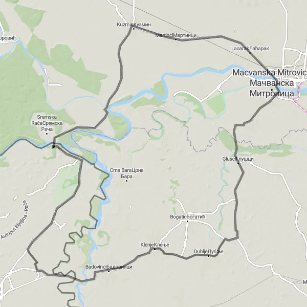 Map miniature of "Scenic route through Klenje and Salas Nocajski" cycling inspiration in Region Šumadije i Zapadne Srbije, Serbia. Generated by Tarmacs.app cycling route planner