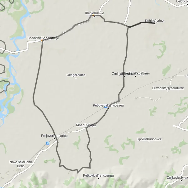 Map miniature of "Petlovaca and Prnjavor Ride" cycling inspiration in Region Šumadije i Zapadne Srbije, Serbia. Generated by Tarmacs.app cycling route planner