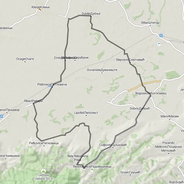 Map miniature of "Cycling adventure in Dublje and surrounding villages" cycling inspiration in Region Šumadije i Zapadne Srbije, Serbia. Generated by Tarmacs.app cycling route planner