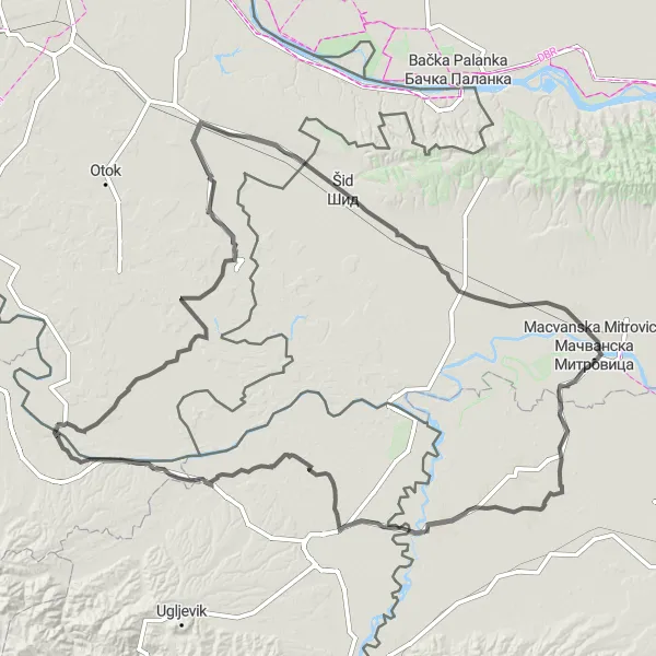 Map miniature of "Cultural exploration in Badovinci and Šid" cycling inspiration in Region Šumadije i Zapadne Srbije, Serbia. Generated by Tarmacs.app cycling route planner