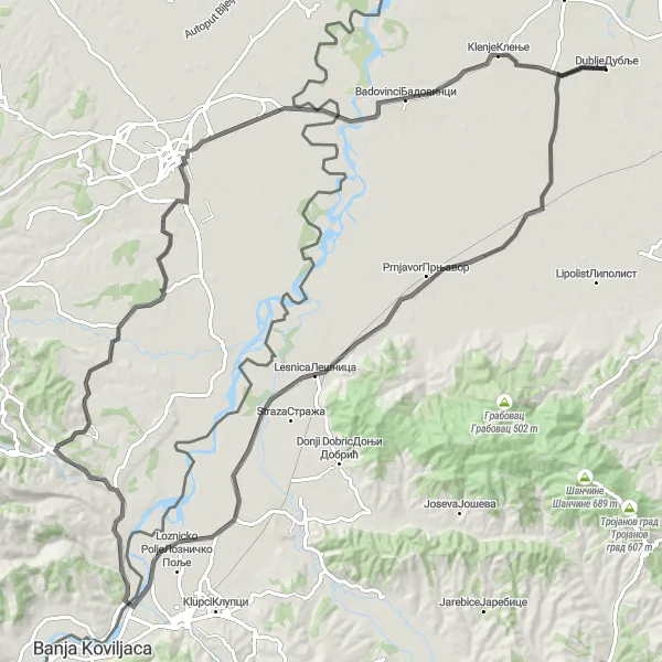 Map miniature of "Adventurous ride to Johovac and Bjeloševac" cycling inspiration in Region Šumadije i Zapadne Srbije, Serbia. Generated by Tarmacs.app cycling route planner