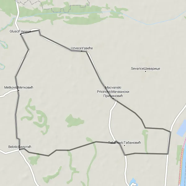 Map miniature of "Scenic Countryside Loop" cycling inspiration in Region Šumadije i Zapadne Srbije, Serbia. Generated by Tarmacs.app cycling route planner