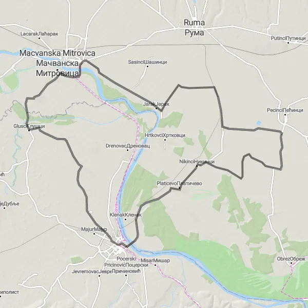 Map miniature of "Serene Countryside Ride" cycling inspiration in Region Šumadije i Zapadne Srbije, Serbia. Generated by Tarmacs.app cycling route planner