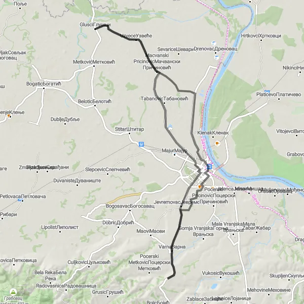 Map miniature of "Macvanski Pricinovic Loop" cycling inspiration in Region Šumadije i Zapadne Srbije, Serbia. Generated by Tarmacs.app cycling route planner