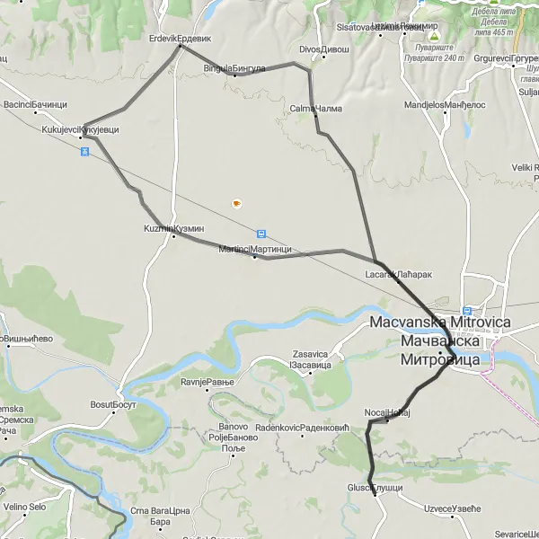 Map miniature of "Lacarak and Martinci Circuit" cycling inspiration in Region Šumadije i Zapadne Srbije, Serbia. Generated by Tarmacs.app cycling route planner