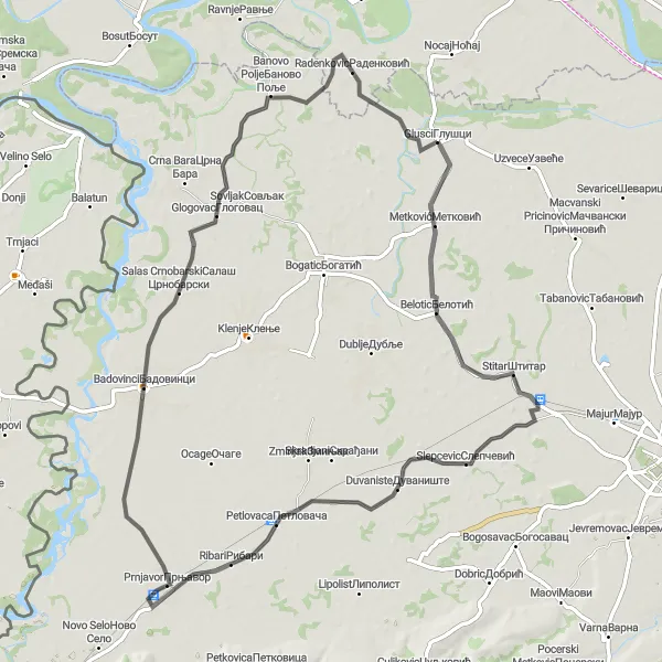 Map miniature of "The Belotic Loop" cycling inspiration in Region Šumadije i Zapadne Srbije, Serbia. Generated by Tarmacs.app cycling route planner