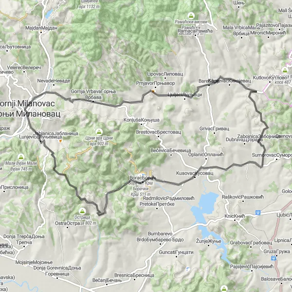 Map miniature of "Vracevsnica Loop" cycling inspiration in Region Šumadije i Zapadne Srbije, Serbia. Generated by Tarmacs.app cycling route planner