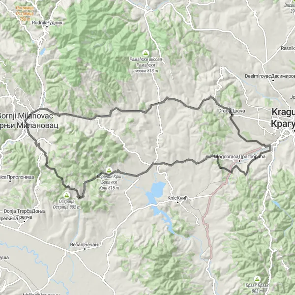 Map miniature of "Vracevsnica and Boracki Krsh Road Cycling Route" cycling inspiration in Region Šumadije i Zapadne Srbije, Serbia. Generated by Tarmacs.app cycling route planner