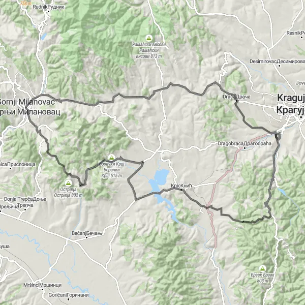 Map miniature of "Vracevsnica and Boracki Krsh Epic Cycling Route" cycling inspiration in Region Šumadije i Zapadne Srbije, Serbia. Generated by Tarmacs.app cycling route planner