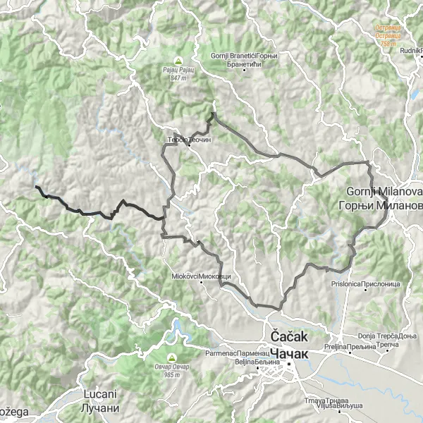 Map miniature of "Vranici and Pranjani Road Cycling Route" cycling inspiration in Region Šumadije i Zapadne Srbije, Serbia. Generated by Tarmacs.app cycling route planner