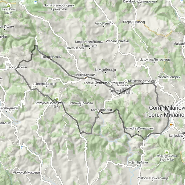 Map miniature of "Galich and Takovska Glava Road Cycling Route" cycling inspiration in Region Šumadije i Zapadne Srbije, Serbia. Generated by Tarmacs.app cycling route planner