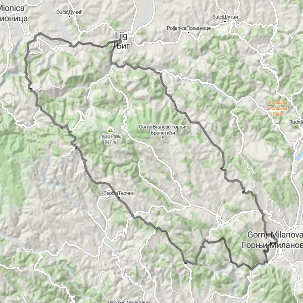 Map miniature of "Sarani and Struganik Road Cycling Route" cycling inspiration in Region Šumadije i Zapadne Srbije, Serbia. Generated by Tarmacs.app cycling route planner