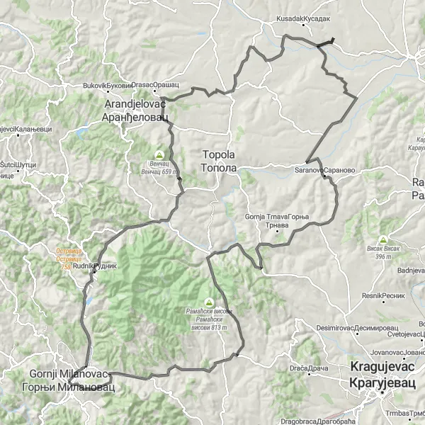 Map miniature of "The Copper Route" cycling inspiration in Region Šumadije i Zapadne Srbije, Serbia. Generated by Tarmacs.app cycling route planner