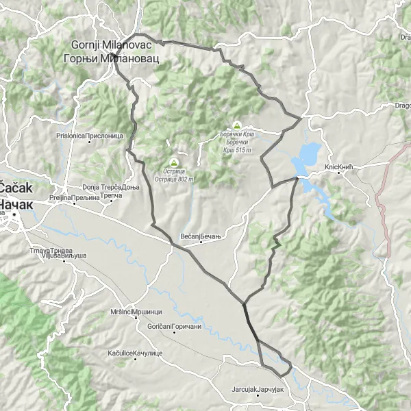 Map miniature of "Gornji Milanovac and Surroundings" cycling inspiration in Region Šumadije i Zapadne Srbije, Serbia. Generated by Tarmacs.app cycling route planner