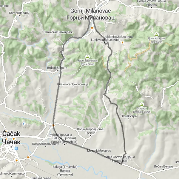 Map miniature of "Preljina Loop" cycling inspiration in Region Šumadije i Zapadne Srbije, Serbia. Generated by Tarmacs.app cycling route planner