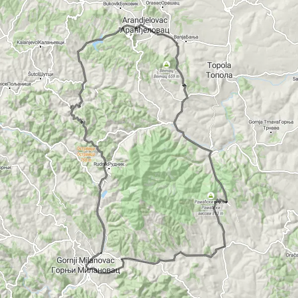 Map miniature of "Arandjelovac Ridge Route" cycling inspiration in Region Šumadije i Zapadne Srbije, Serbia. Generated by Tarmacs.app cycling route planner