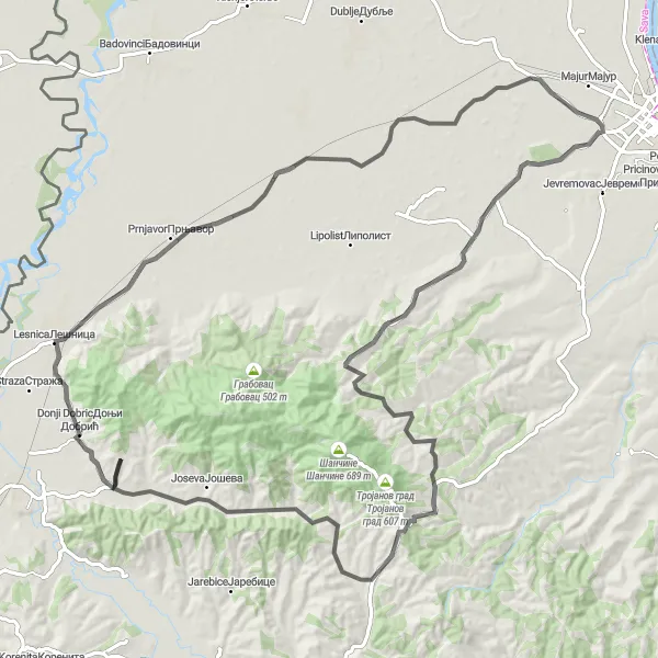 Map miniature of "Šumadija Cycling Tour" cycling inspiration in Region Šumadije i Zapadne Srbije, Serbia. Generated by Tarmacs.app cycling route planner