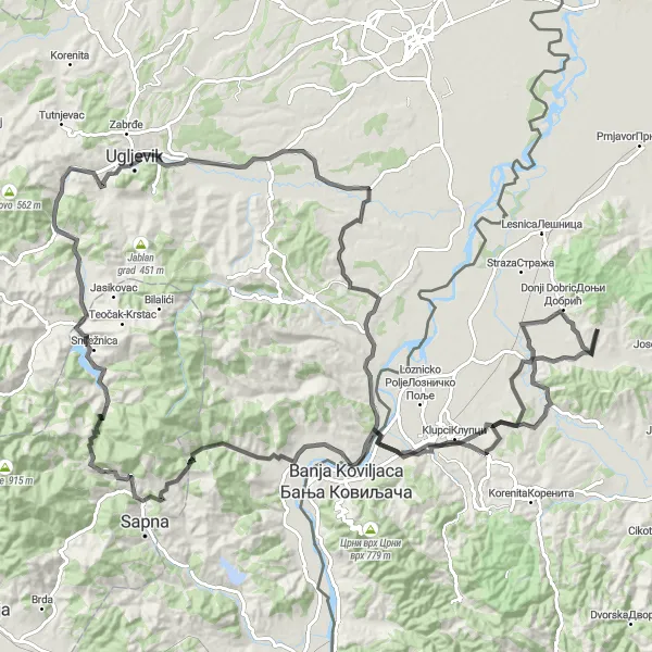 Map miniature of "The Jovanovića Brdo Loop" cycling inspiration in Region Šumadije i Zapadne Srbije, Serbia. Generated by Tarmacs.app cycling route planner
