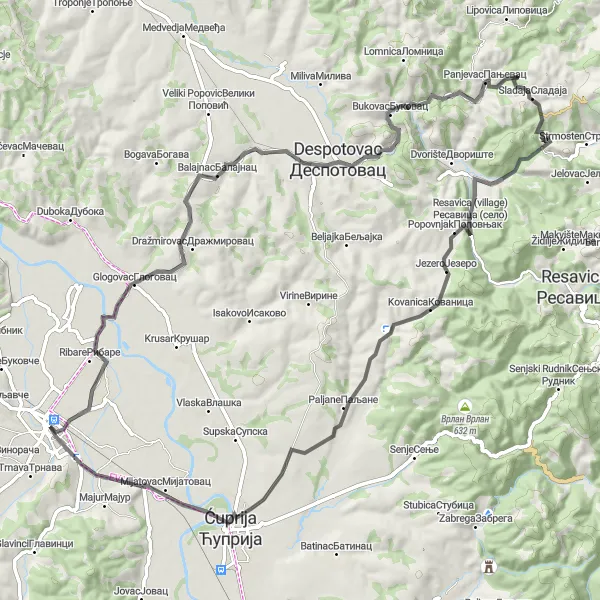 Map miniature of "The Glogovac Loop" cycling inspiration in Region Šumadije i Zapadne Srbije, Serbia. Generated by Tarmacs.app cycling route planner