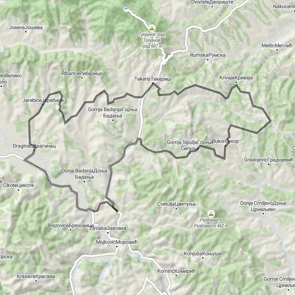 Map miniature of "Exploring the Hills of Šumadije" cycling inspiration in Region Šumadije i Zapadne Srbije, Serbia. Generated by Tarmacs.app cycling route planner