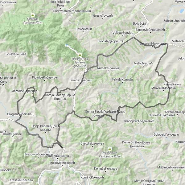 Map miniature of "Nakucani Circuit" cycling inspiration in Region Šumadije i Zapadne Srbije, Serbia. Generated by Tarmacs.app cycling route planner