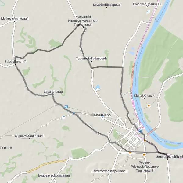 Map miniature of "Cultural Exploration around Šabac" cycling inspiration in Region Šumadije i Zapadne Srbije, Serbia. Generated by Tarmacs.app cycling route planner